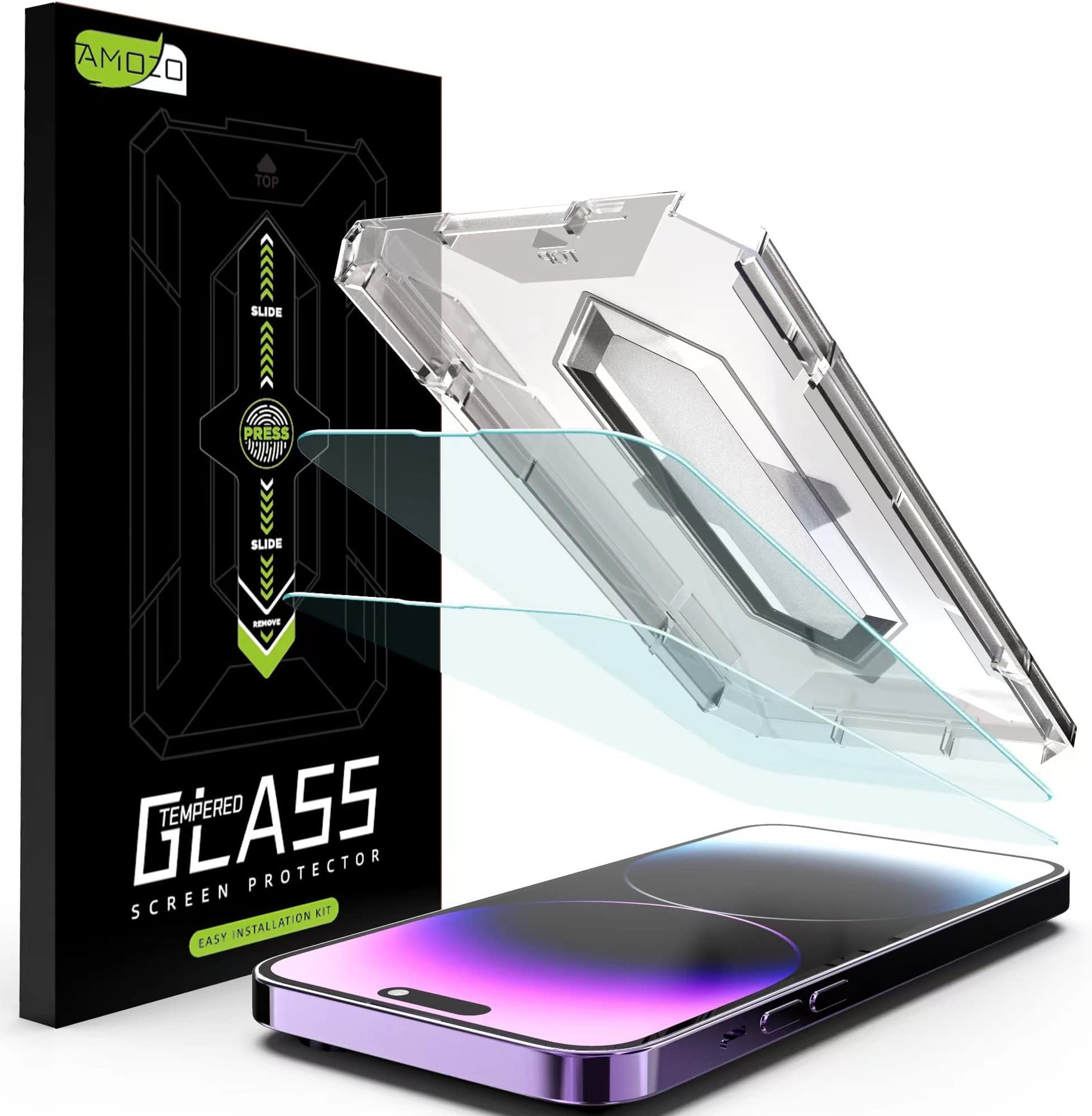Amozo Easy Fit Tempered Glass Screen Protector Guard for iPhone 17/16 Pro Edge To Edge Coverage (with easy applicator) - Pack of 2