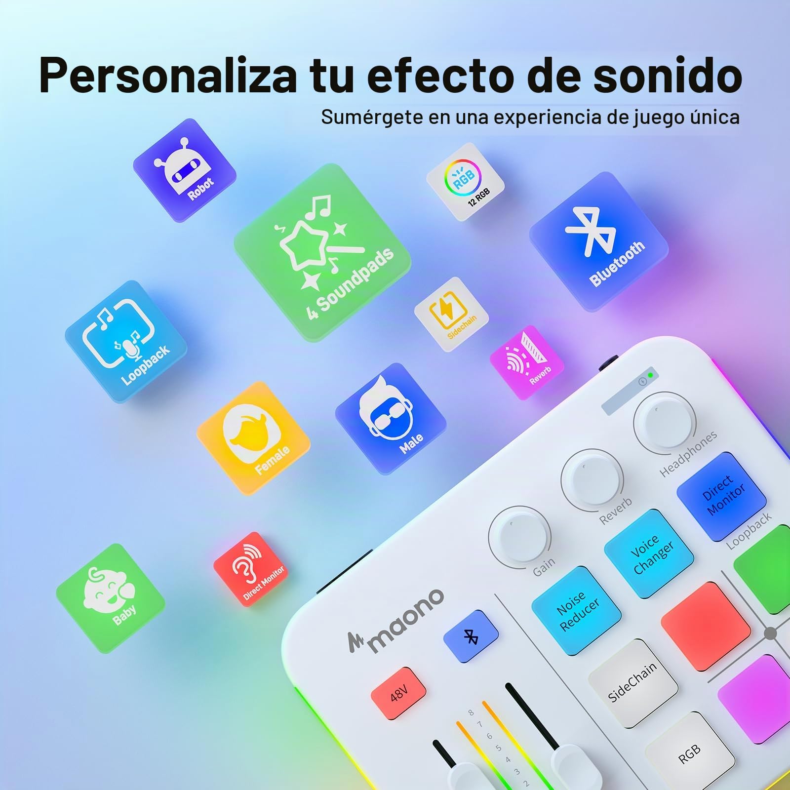 MAONO Mezclador de Audio, Interfaz de Audio con Pre-Amplificador Profesional, RGB, Bluetooth, Alimentación Fantasma de 48V para Transmisiones en Vivo, Podcasting, Creación de Contenido, Gaming