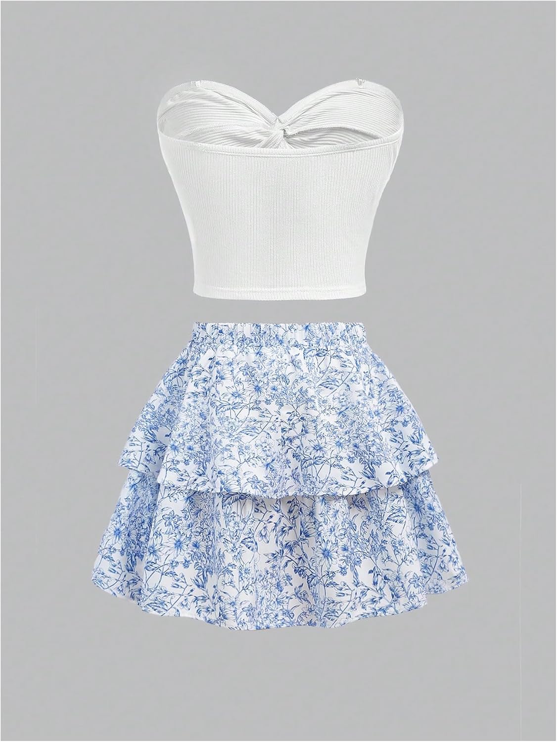 Floerns Girl's Two Piece Outfit Twist Front Tube Top with Floral Layered Skirts Set