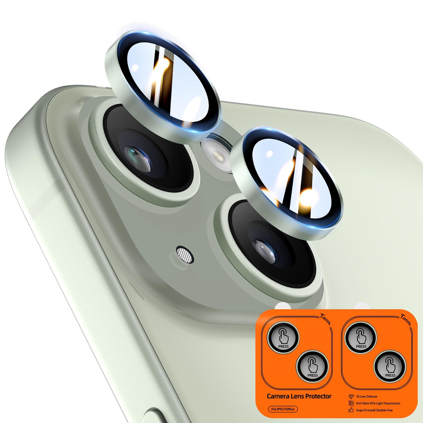 TOCOL Camera Lens Protector for iPhone 15 / iPhone 15 Plus Tempered Glass HD Individual Scratch Resistant Camera Cover Accessories Case Friendly 2 Pack（Light Green）