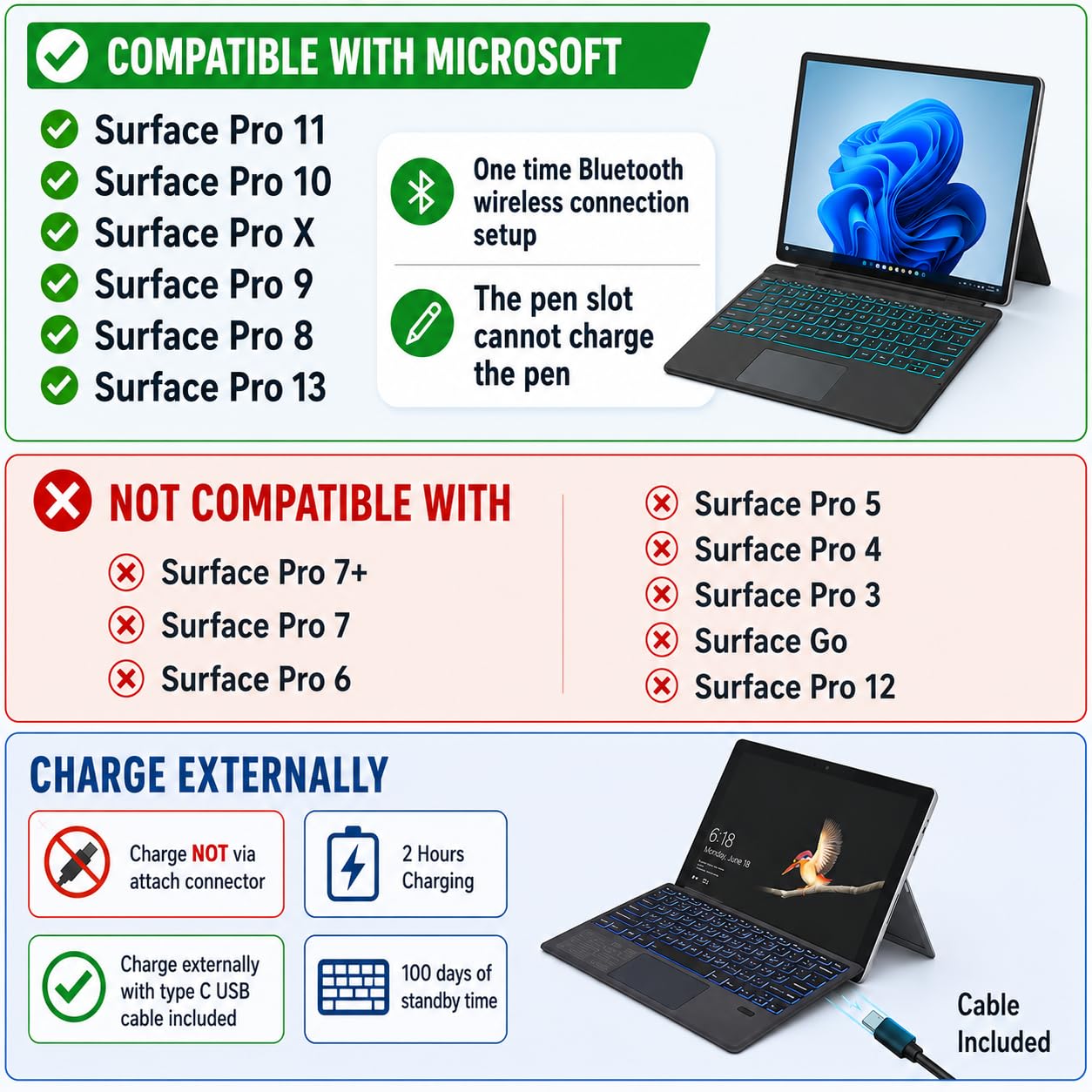 Tastiera Surface Pro 11/10/9/8/X/13 con trackpad - Cover wireless Bluetooth, tasti retroilluminati a 7 colori, design magnetico ultra sottile, ricaricabile tramite USB-C con portapenne