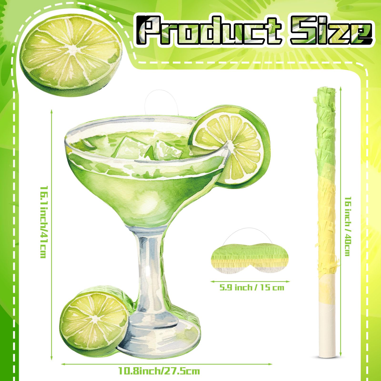 Gilprop Margarita Piñata with Stick Blindfold Tequila Wine Glass Adult Piñata Green Lemon for Margs Matrimony Bachelor Wedding Bridal Shower Photo Prop Funny Summer Birthday Party Supplies