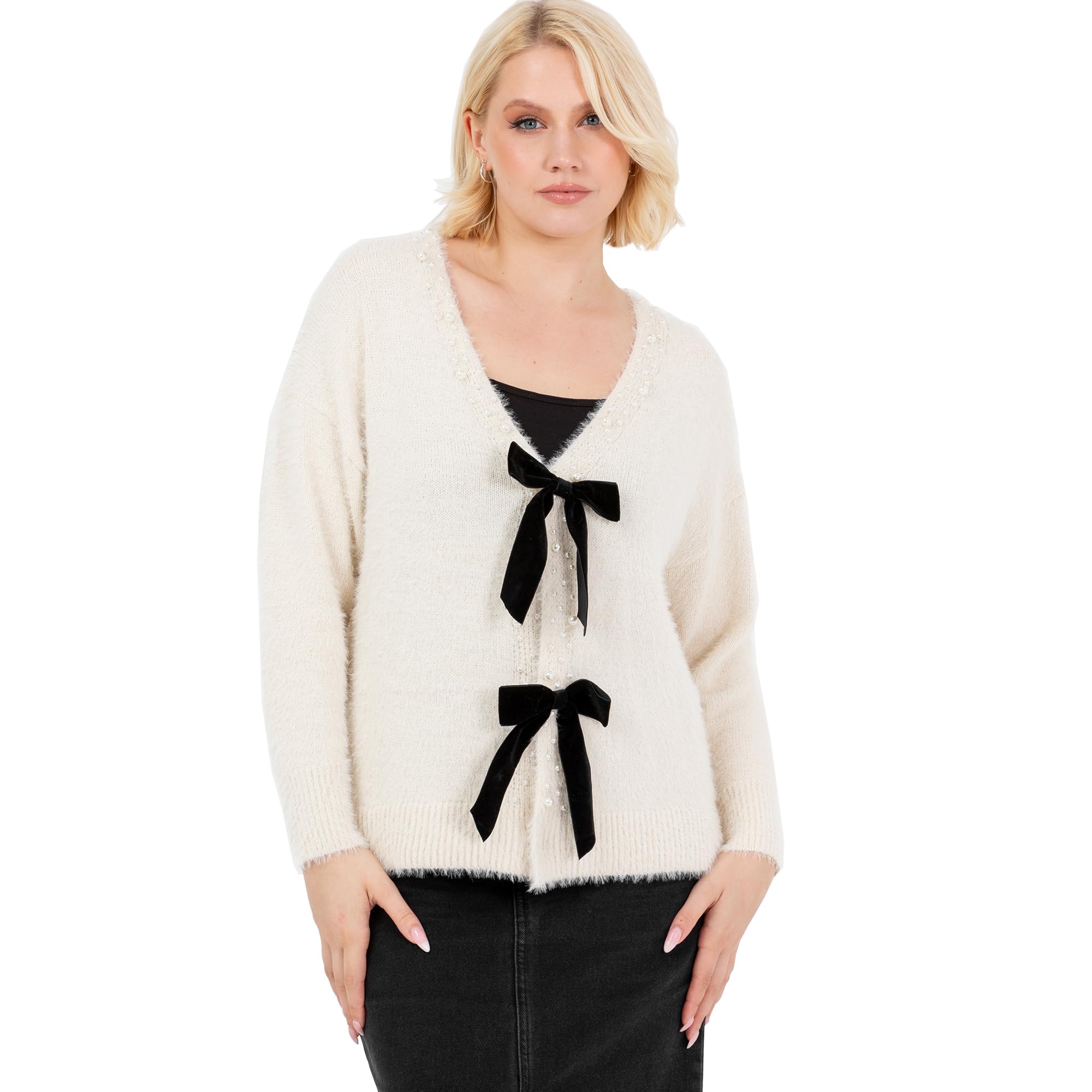 Lovedrobe Women's Cardigan Ladies Long Sleeve Pearl Embellished Velvet Bow Knitwear Smart Casual Office Wear Popper Buttons, Cream 40-42, Cream, 14-16'