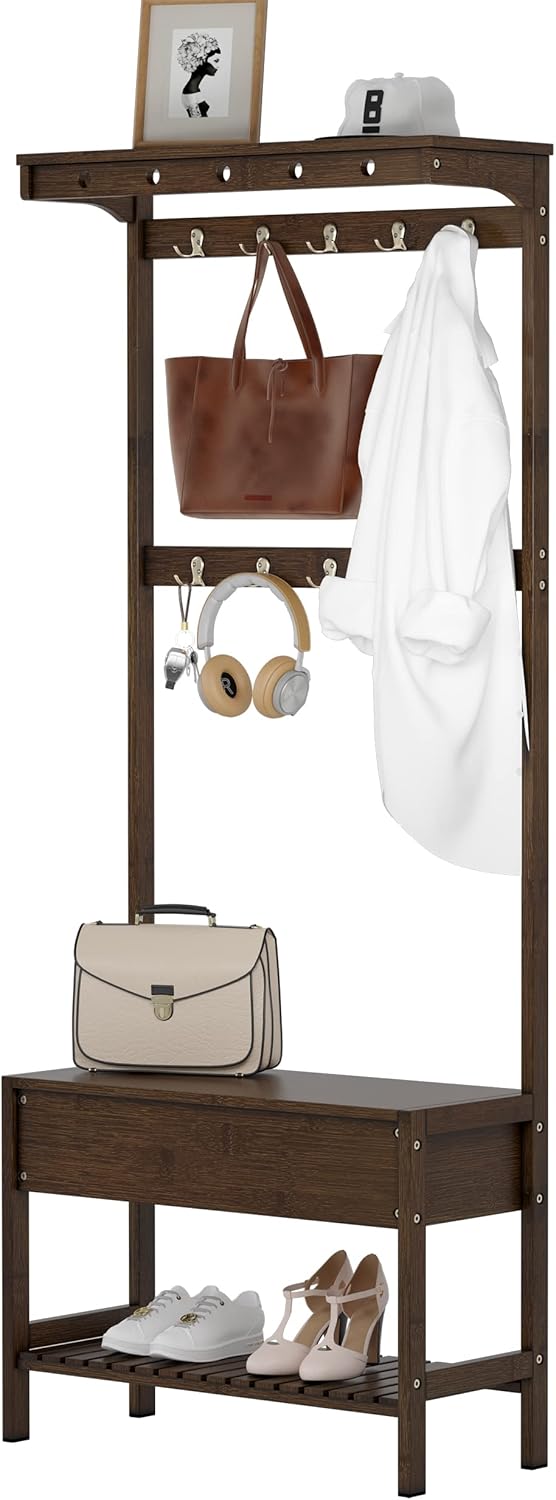 SEIRIONE Coat Rack and Shoe Storage Bench for Entryway, 5 In 1 Design, Hall Tree with a Storage Cubby for Mudroom,10 Hanger Hooks, 1 Top Shelf, 2 Shoe Rack,Bamboo,Vintage : Home & Kitchen
