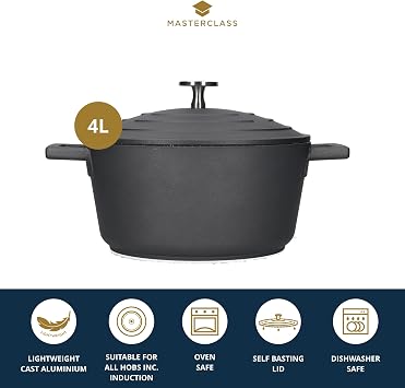 MasterClass Casserole Dish With Lid, Medium 4L/24 cm, Lightweight Cast Aluminium, Induction Hob And Oven Safe, Black | Safe for induction hobs and ovens; lightweight build ensures easy handling in busy commercial kitchens.