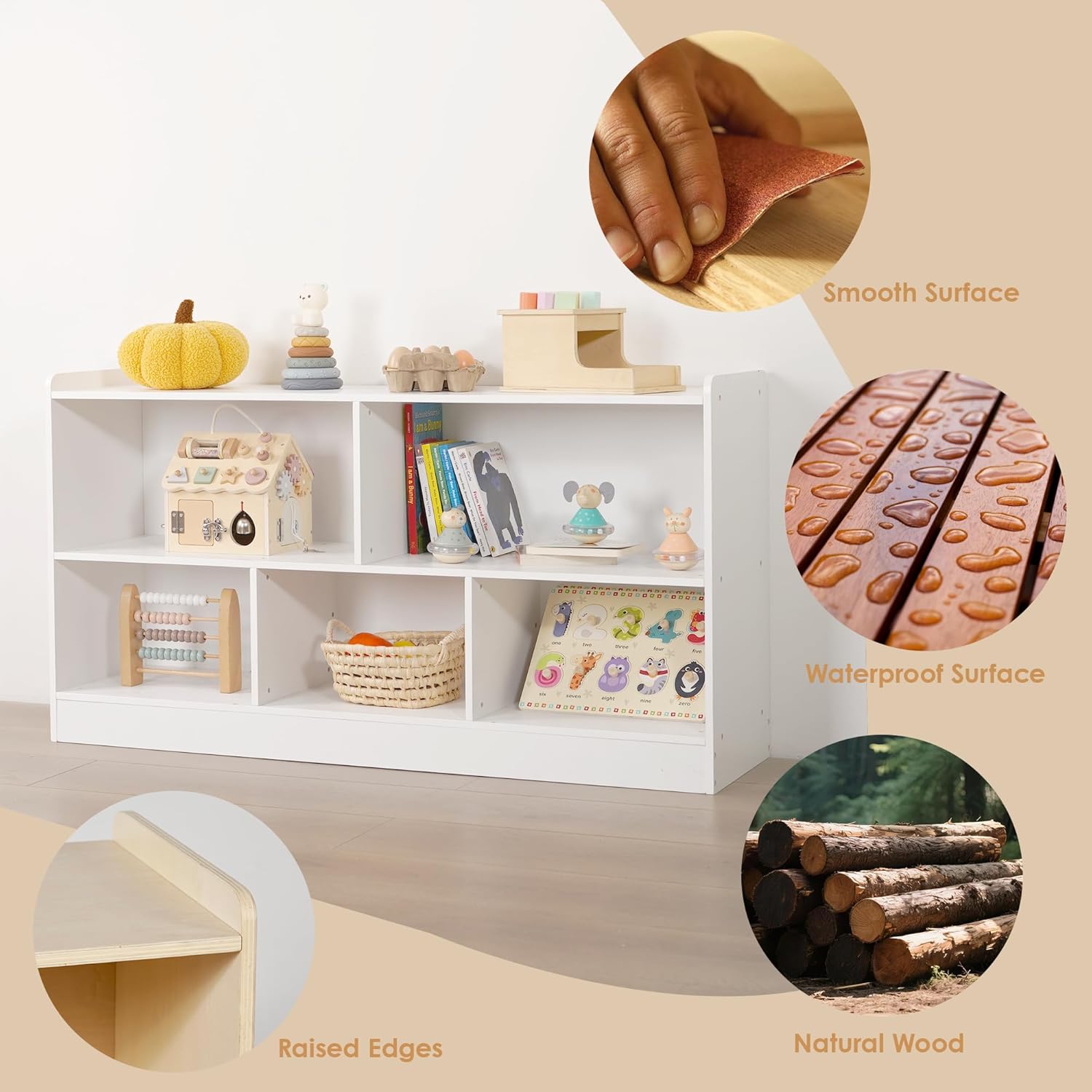 5-Section Wooden Toy Shelf for Kids, Montessori Shelf Storage with Open Shelving & Customizable Layout | Safe, Sturdy Design for Kids Room, Classroom & Playroom White - Image 3