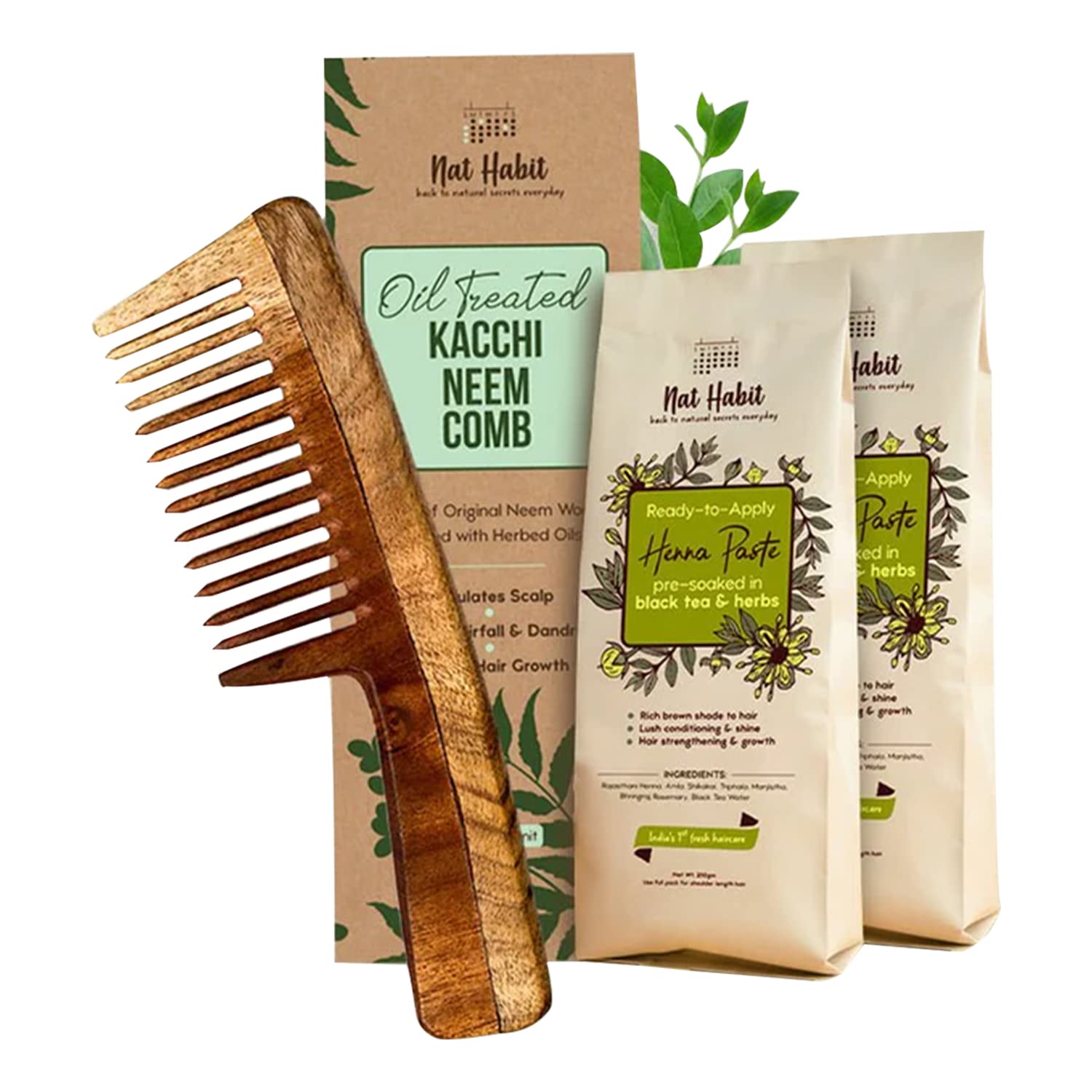 Nat Habit Wide Tooth Wooden Kacchi Neem Comb & Henna Paste Soaked in BlackTea and Herbs For Hair Growth, Hairfall Control & Hair Smoothening (Combo Pack of 3)