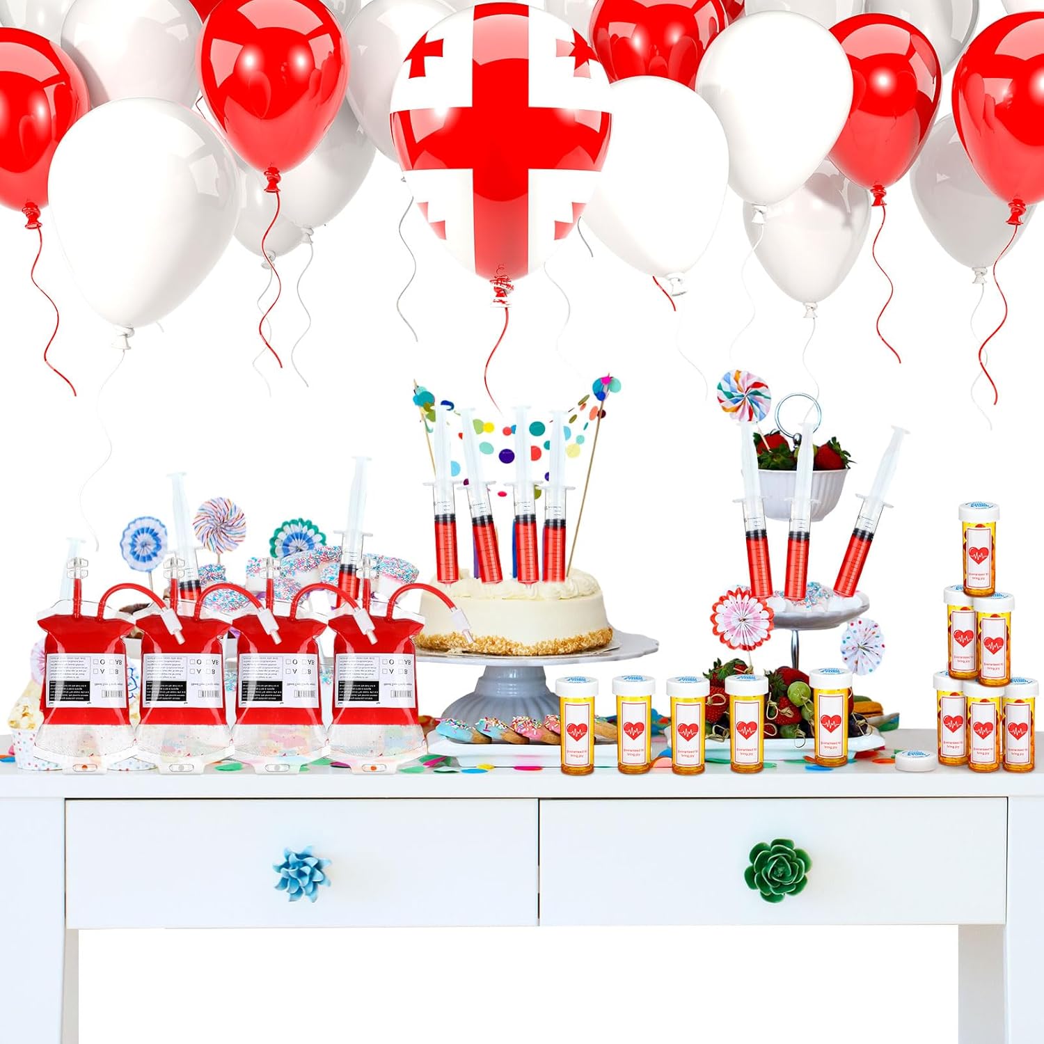 WinnerWhy 60 Pcs Nursing Graduation Party Supplies 5 Iv Blood Bags for Drinks 15 Plastic Syringes 20 Empty Pill Bottles with Caps 20 Sticky Labels Nurse Party Favors Bsn Rn Lpn Graduation Decoration