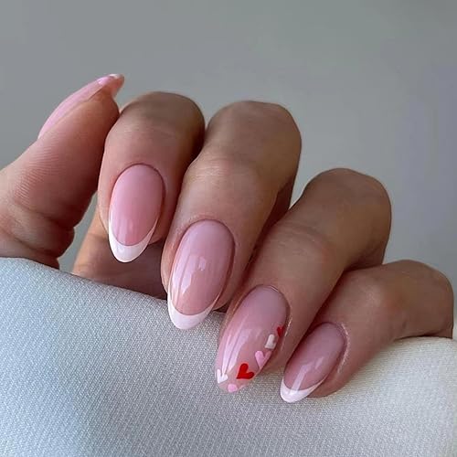 Uñas postizas a presión con punta francesa, uñas postizas medianas con diseños de día de San Valentín, corazón rosa y rojo, cobertura completa, uñas