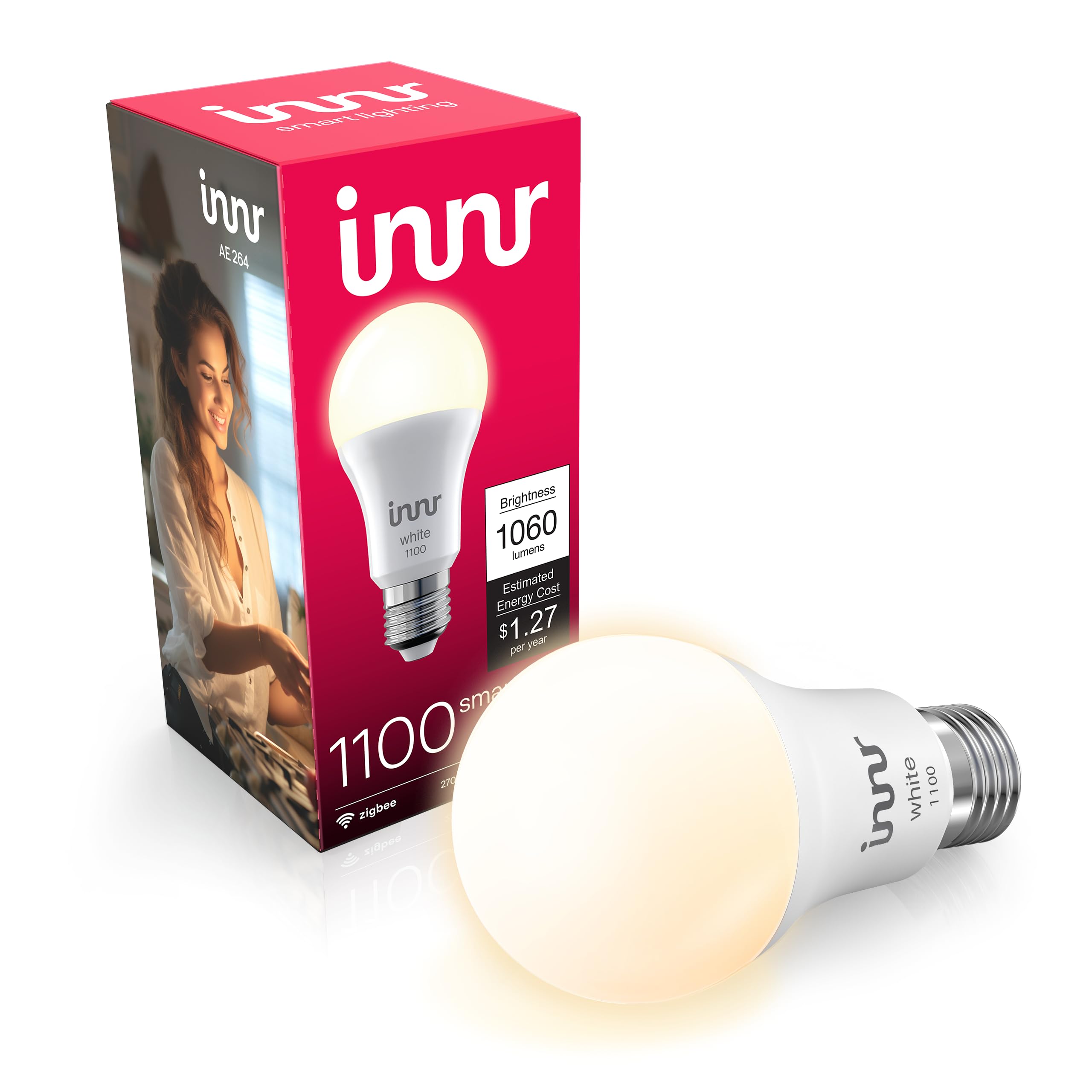 innr smart light bulbs, a19 zigbee, works with philips hue* and alexa (bridge required), soft white light bulb, dimmable, e26 led bulb 75 watt, warm white, 1060lm 2-pack