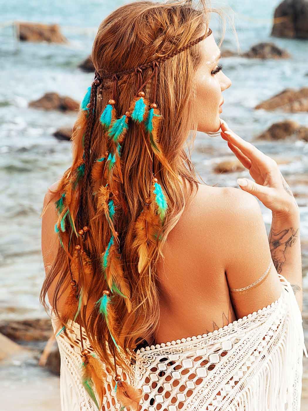 GORTIN Boho Feather Headband Gypsy Costume Headdress Black Bohemian Hippie Headbands Indian Festival Hair Band Adjust Long Feather Headpiece Hair Accessory for Women and Girls (Blue+Brown) - Image 2