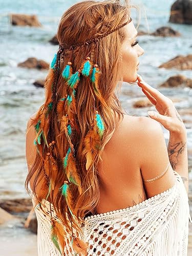Miniatura 2 de GORTIN Diadema de plumas bohemias, disfraz gitano, tocado negro, bohemio, hippie, banda para el pelo para festival indio, accesorio para el cabello