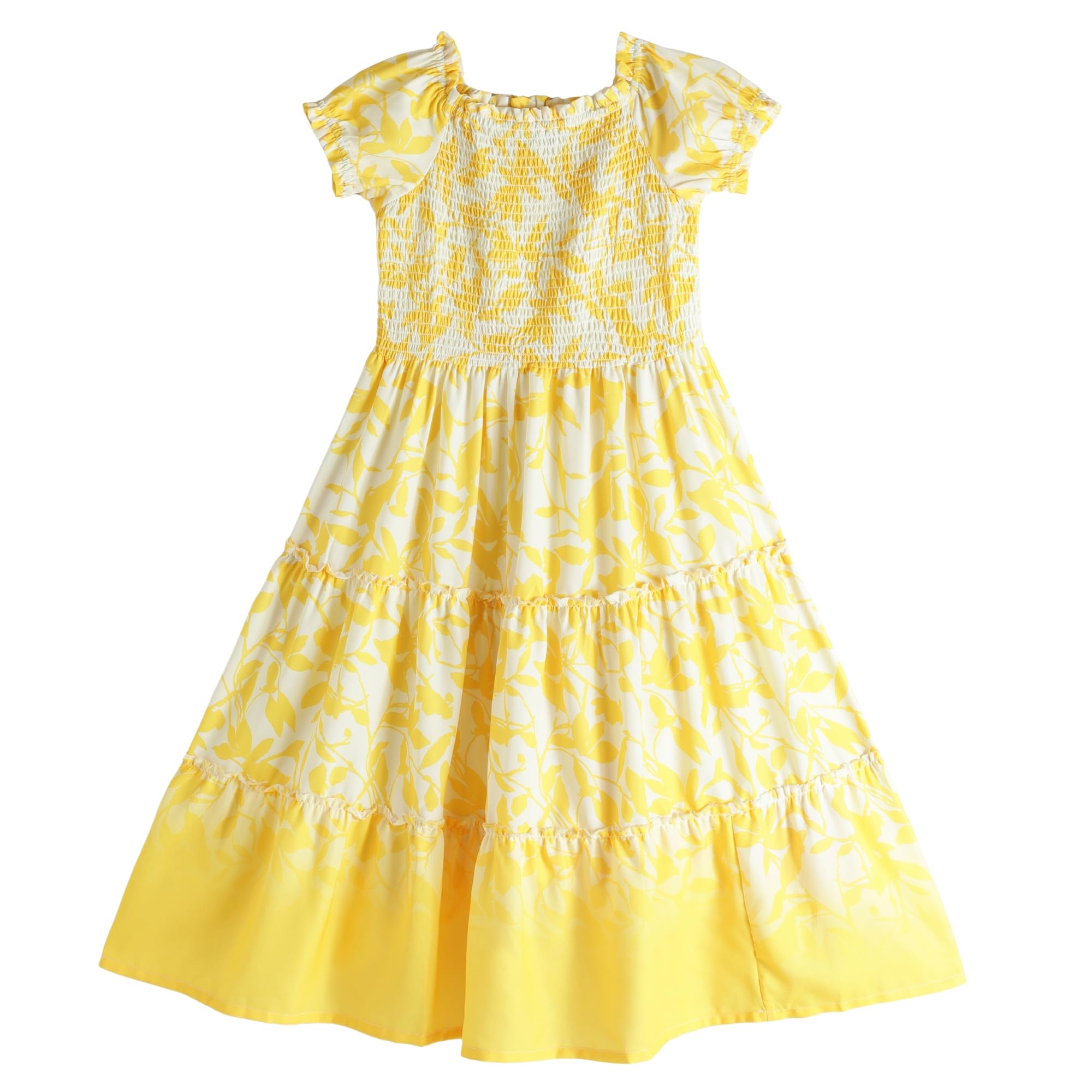 Girls Printed Smocked Dress | Stylish Floral Print Midi Dress with Flutter Sleeves | Teenage Girls Dress | Comfortable Lightweight Casual Dress for Girls | Yellow-image-41