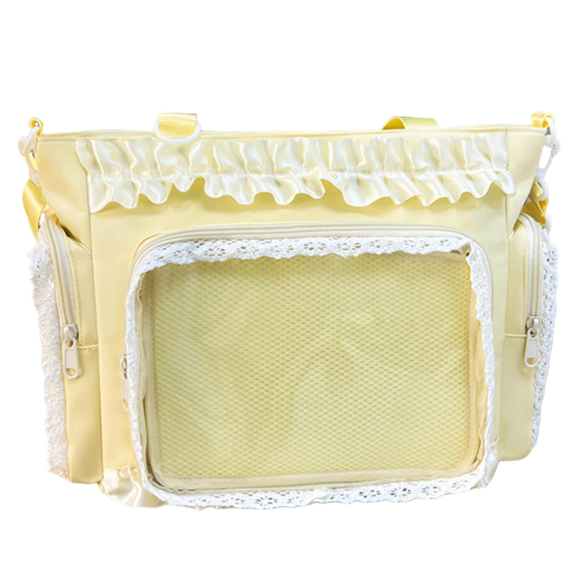 Peosaard Unisex Kids Yellow Ita Bag, Kawaii Lace Ruffle Nylon Japanese Pin Bag With Side & Front Clear Display Adjustable Straps Y2k Cute Messenger Handbag For Girls, Pin