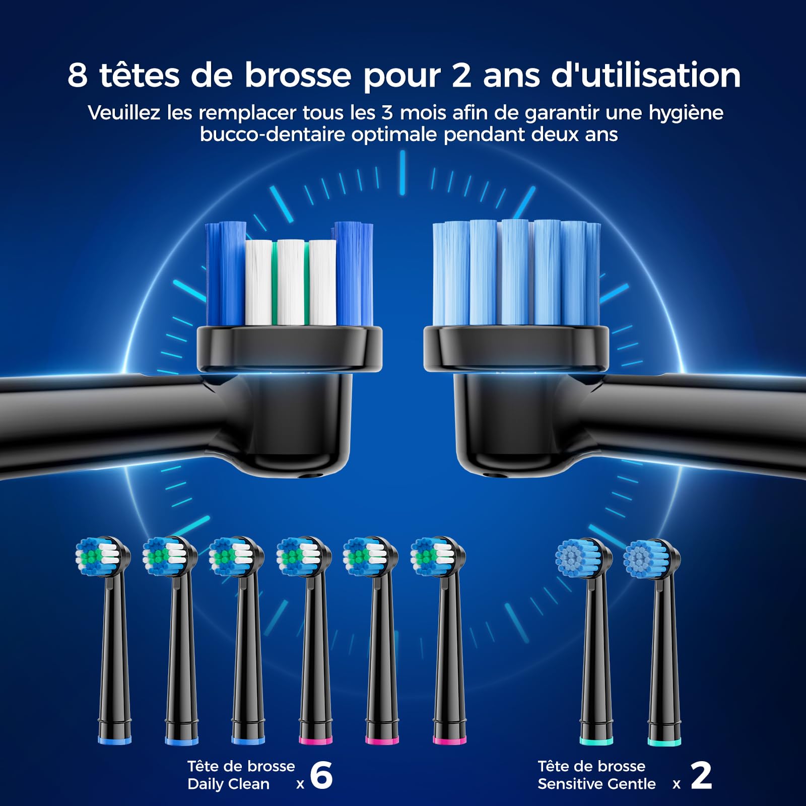 Brosse à Dent Électrique Rotative à Tête Ronde pour Adultes et Enfants, 50 000 VPM, 3 Intensités 5 Modes, 8 Têtes de Brosse, Autonomie 120 Jours, IPX7, Étui de Voyage & Support Mural