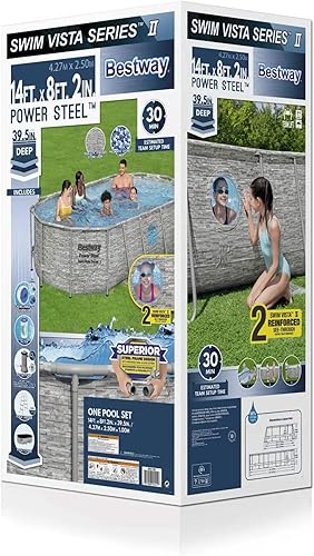 Miniatura 4 de Bestway 56715E Power Steel Swim Vista de 14 x 8 pies 2 pulgadas x 395 pulgadas juego de piscina ovalada sobre el suelo con bomba de filtro de 530