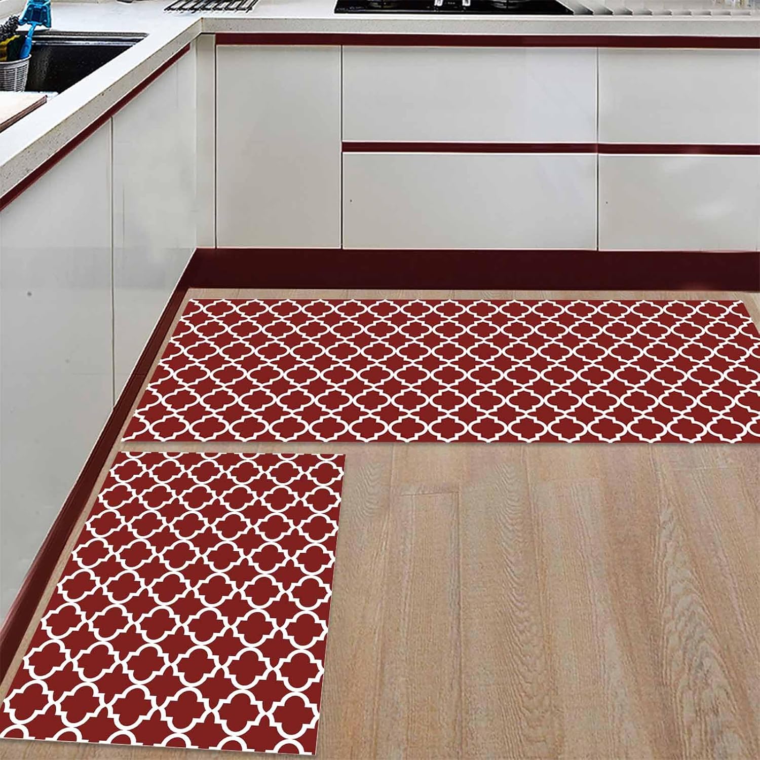 2 Pieces Kitchen Rugs and Mats,Modern Morocco Geometric Tile Pattern Area Runner Rug Set Non Slip Floor Doormat Washable Carpet Standing Mat for Kitchen Sink Indoor Corridor,Farmhouse Burgundy Red