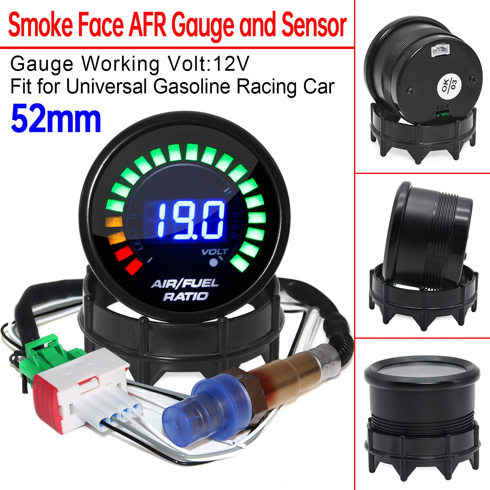 Misuratore per auto e carburante, da 52 mm, con display digitale a LED blu con banda stretta O2, sensore di ossigeno, 12 V