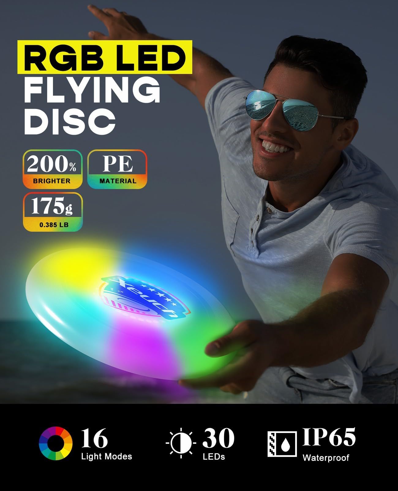 Xeuch Light Up Flying Disc, 175g Glow Disc with 30 RGBs, 16 Lighting Modes, 4 Brightness, 600mAh Rechargeable Battery, Built-in Timer and Sensor for Competitive & Casual Play, Gift for Men/Boys/Teens
