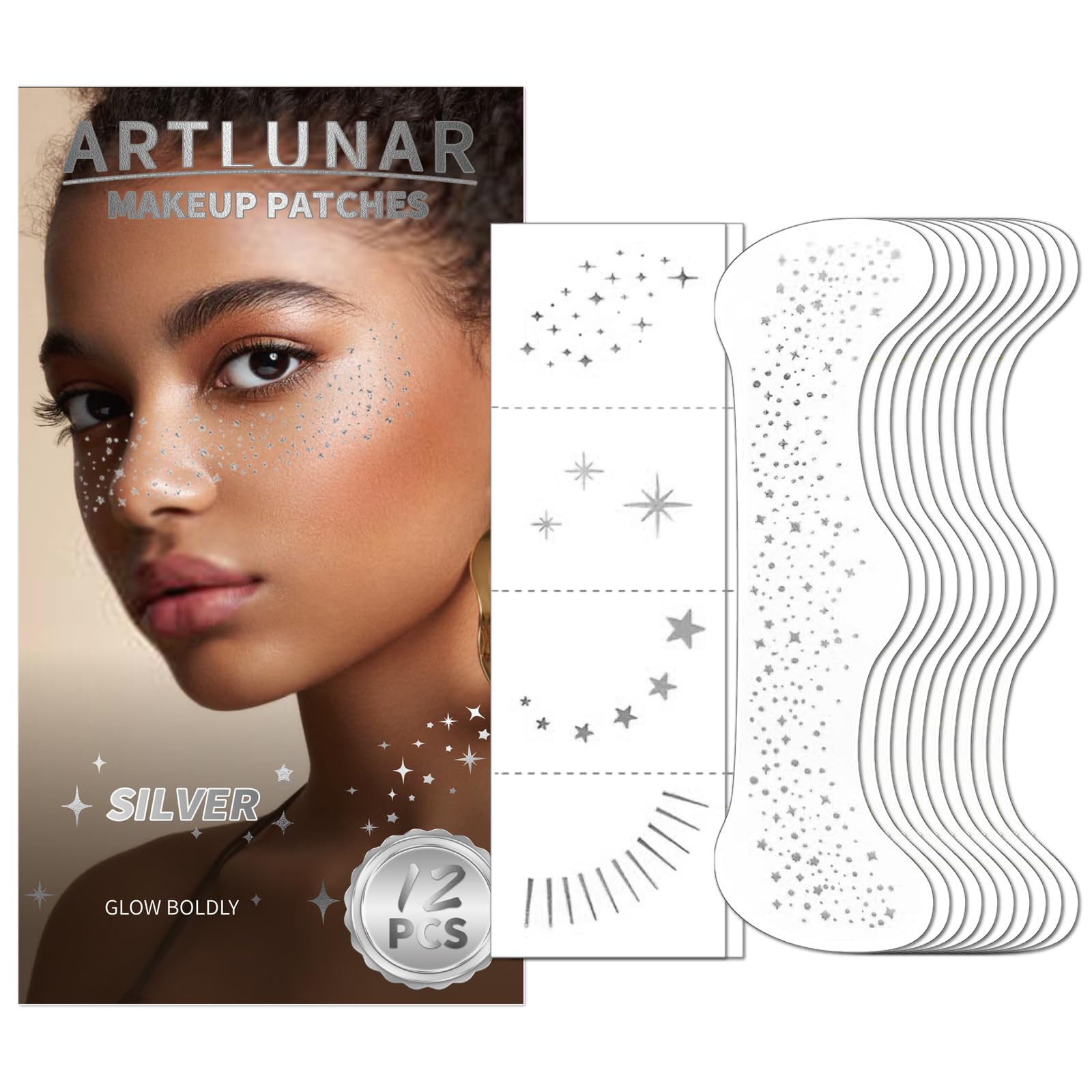 Artlunar 12Pcs Face Glitter Makeup Patches, Glitter Makeup Accessories for Women & Girls, Perfect for Music Festivals, Concerts, Parties, Halloween & Christmas.(Sliver) Silver