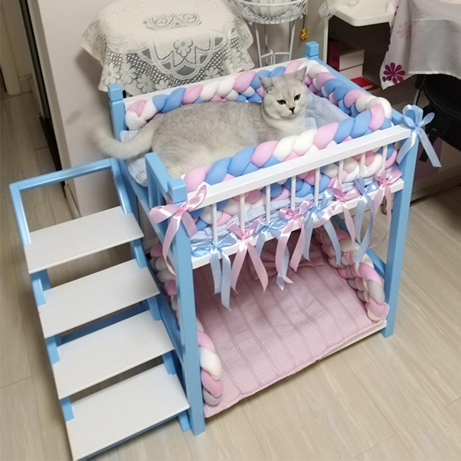 EnweMahi Pet Bunk Bed, Solid Wood Cat Bunk Beds, Removable Bunk Bed for Dogs, Double Dog Bed for 2 Dogs Indoor, Upper and Lower Layer Design Dog Bunk Beds White blue S