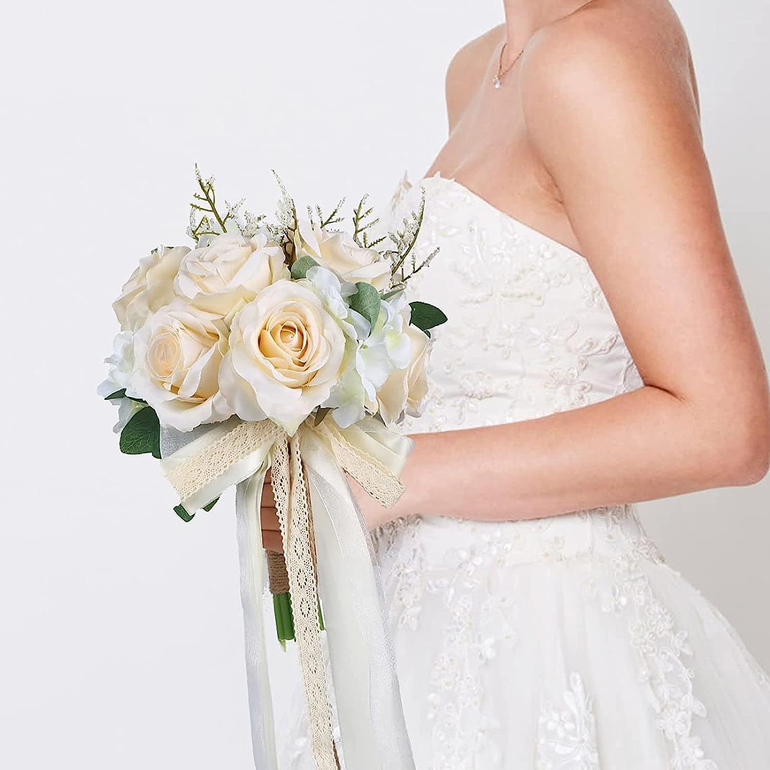 Bouquet de Fleurs avec Support W de 20 cm, Bouquet de mariée avec Roses artificielles Champagne, Bouquet de Demoiselles d'honneur, cérémonie d'anniversaire, Mariage