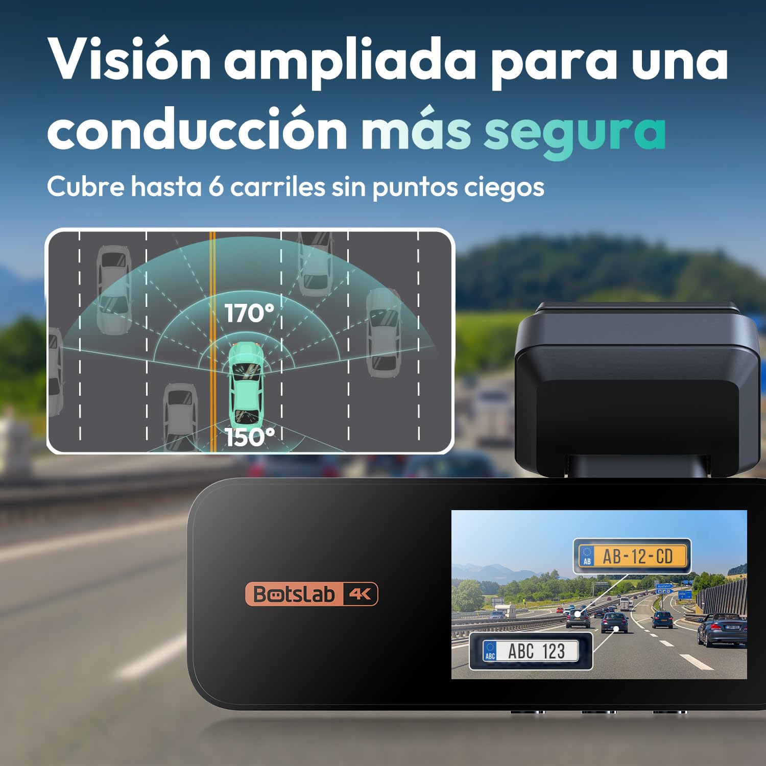 BOTSLAB 4K Dash CAM Delantera y Trasera, Visión Nocturna, Cámara Trasera Giratoria 360°, Gran Angular de 170°, GPS y Wi-Fi Integrados, Modo Aparcamiento 24/7, con Kit Hardwire y Tarjeta SD de 64 GB