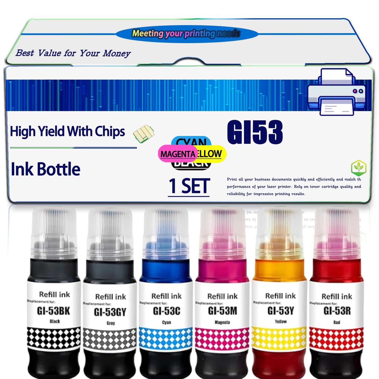 Compatible for Canon GI53 Ink Bottle Pixma G650 G550 Printers, High Yield 3000 Pages, with Chip (1 Set)