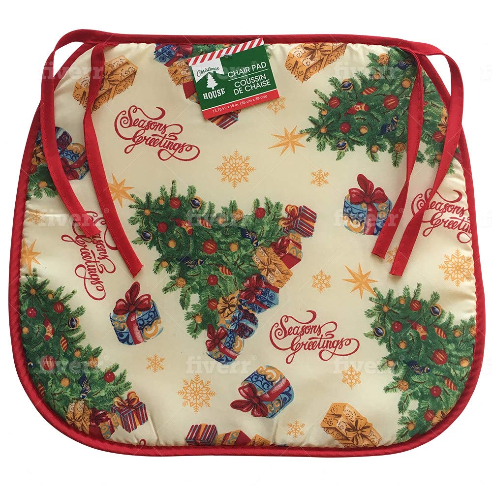 Ready To Shop Christmas Chair Pads - Set of 2, Merry Christmas Design with Trees, Gifts, 13.75 x 15 Inches