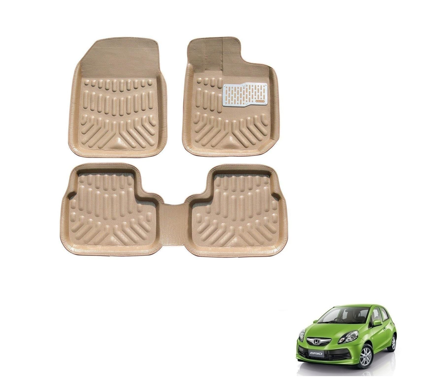 Car 3D Plastic Foot Mats for Front and Rear Compatible with Honda Brio | Complete Set of 3 Pcs Car Floor Mats, Premium Car Accessories, Tray Shape 3D Foot Mats, Washable, Beige-image-43