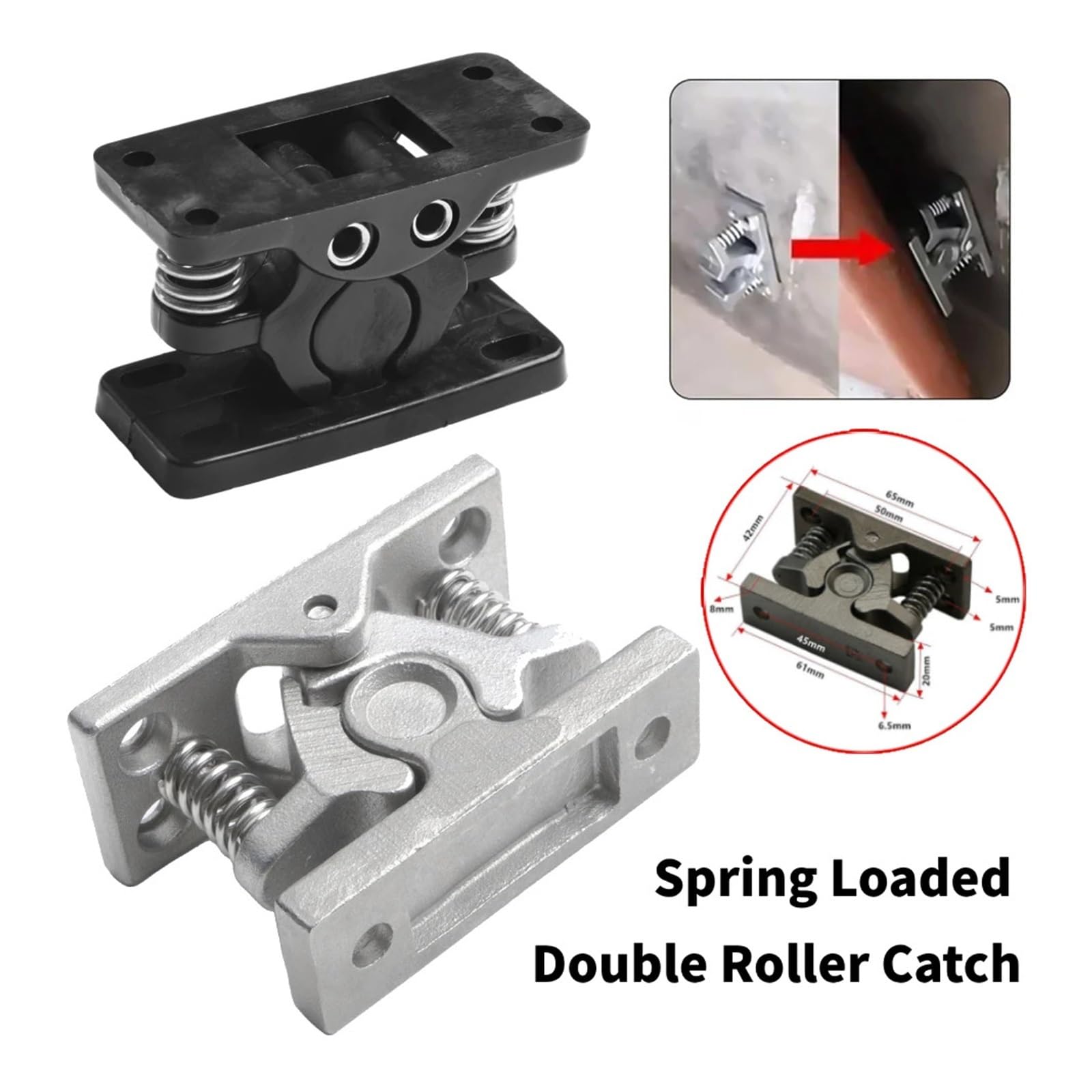 Doppelrollenverschluss Doppelrollenverschluss mit gefederter Türschloss-Stoppklemme, RV-Türklemmclip, Hardware, Sicherheitstür-Haspenschloss(Silver)