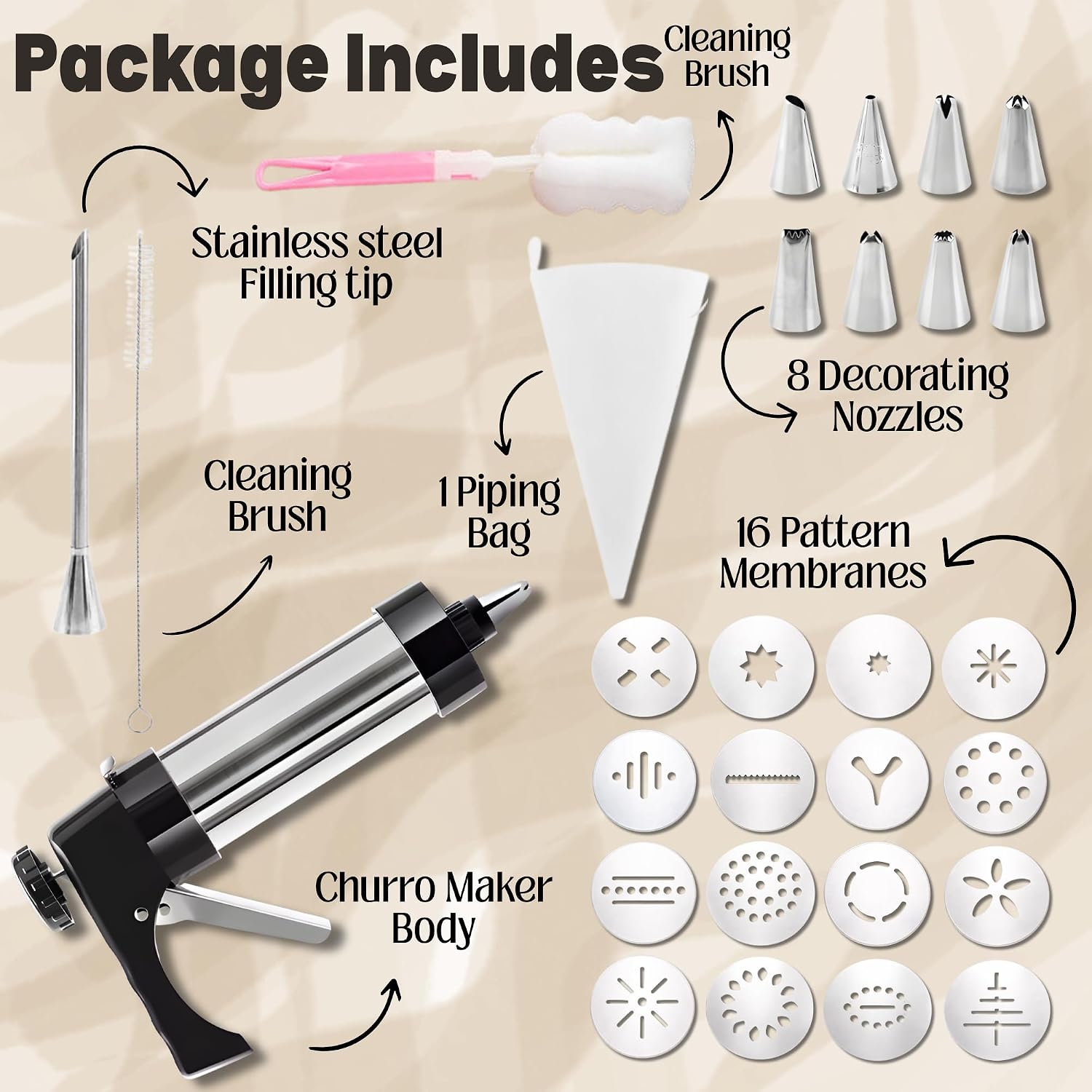 Churro Maker Machine 4-in-1, 16 Disks, 9 Nozzles,Stainless Steel Cookie Press Kit for Spritz Cookies,Pastry Filler Injector for Authentic Churros Rellenos, Gift for Women, maquina para acer churros