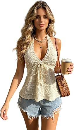 Womens Halter Peplum Tank Sleeveless Backless Tops Cute Boho Summer Dressy with Built in Bra