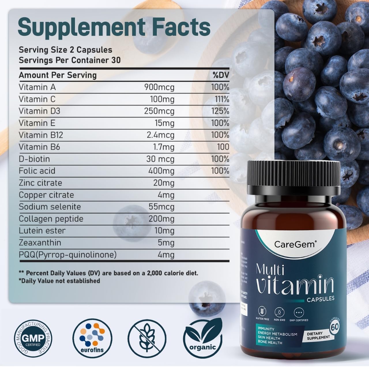 Multivitamin Capsules for Adults | Daily Support for Combating Fatigue, Relieving Stress & Boosting Immunity | with High Potency Vitamin D3 (10,000 IU), PQQ, Lutein & Collagen | 60 Capsules - Image 3
