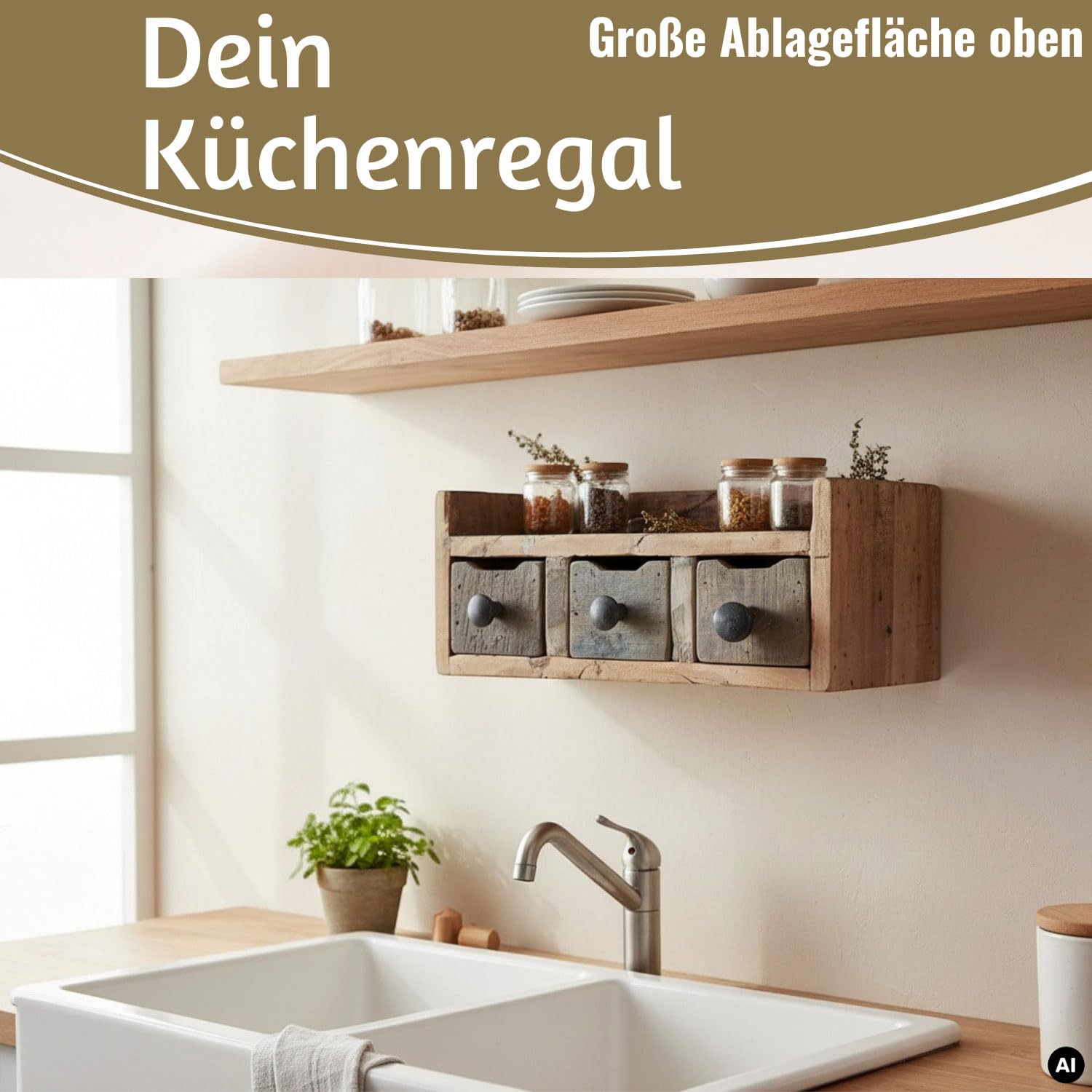 LS-LebenStil Vintage Küchenregal Unika 35cm hängend Factory Braun