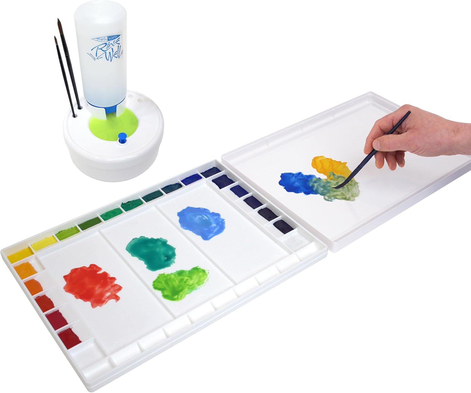 Masterson Watercolor Painting Set - Aqua Pro Palette With Fresh Water Rinse Well Brush Cleaner, Large 32 Well, 11.5 x 15.5 Inch, Paint Mixing and Cleaning, Made in USA