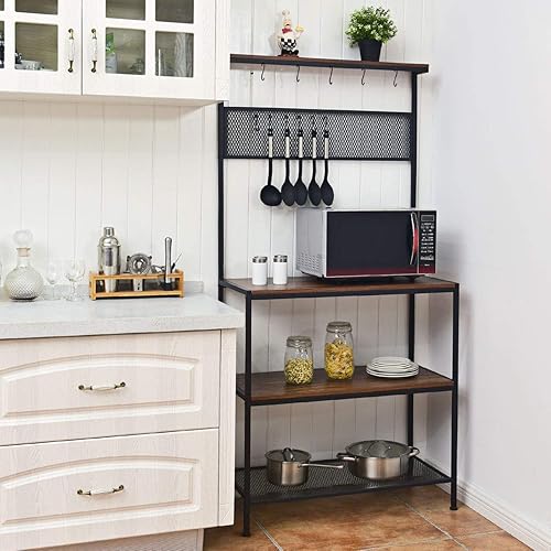 Miniatura 9 de RELAX4LIFE Soporte para microondas con 11 ganchos, estante de metal y patas ajustables para especias, ollas y sartenes, estante de almacenamiento de