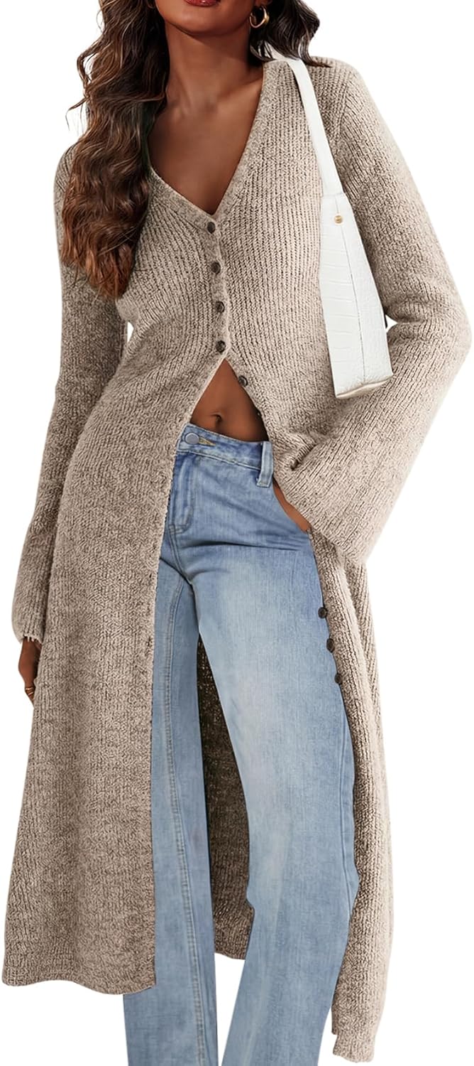 Womens Long Cardigan Sweaters Button Down Sweater Knit Open Front Dress Midi Bell Sleeve Duster Spring Fall