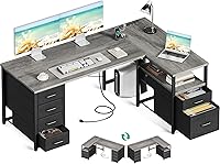 Vista 11 de Coleshome - Escritorio en forma de L para computadora con 6 cajones y toma de corriente, escritorio esquinero de 55 pulgadas con estante