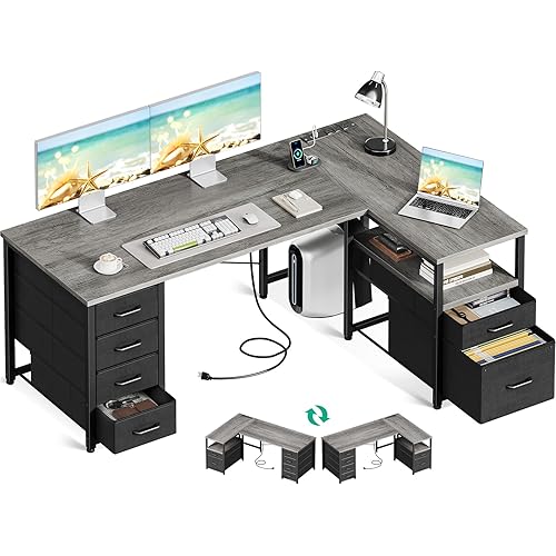 Coleshome L Shaped Computer Desk with 6 Drawers & Power Outlet, 55 Inch Corner Desk with Reversible Storage Shelf & File Drawer, Home Office Desk, Grey Oak