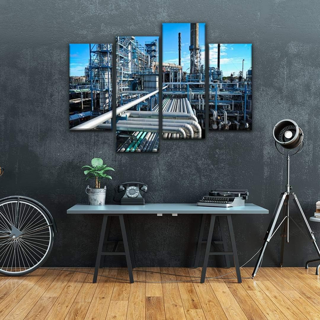 4 Panels Canvas paintings - oil, gas and fuel refinery oil industrys and pictures - Wall Art modern Posters Framed Ready to Hang for Home Wall Decor