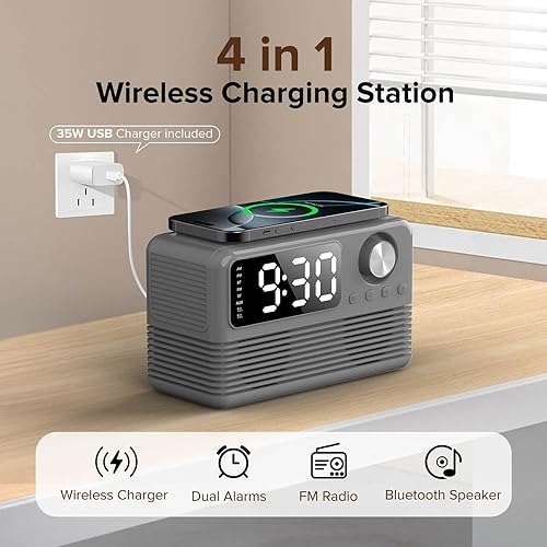 Miniatura 2 de Cargador inalámbrico rápido de 15 W con altavoz Bluetooth y radio despertador, estación de carga inalámbrica 4 en 1 para iPhone, teléfonos Android