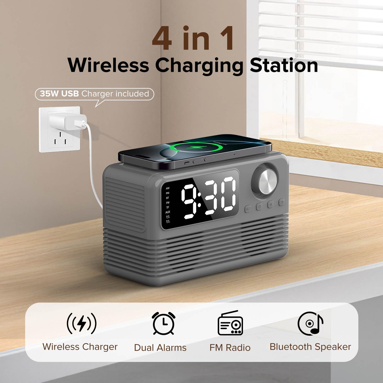 Chargeur sans fil rapide 15 W avec haut-parleur Bluetooth et radio réveil, station de charge sans fil 4 en 1 pour iPhone, téléphones Android avec radio FM pour chambre