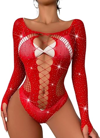 ROSVAJFY Rhinestone Sparkle Bodysuit Tops for Women Fishnet Long Sleeve Mesh Lingerie Hollow Out Teddy Sexy Outfit One-Piece