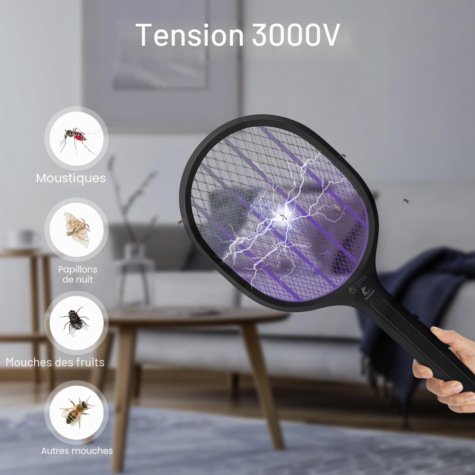 Raquette Electrique Insectes 2-in-1 Anti Moustique Tapette à Mouche 3000V USB Rechargeable