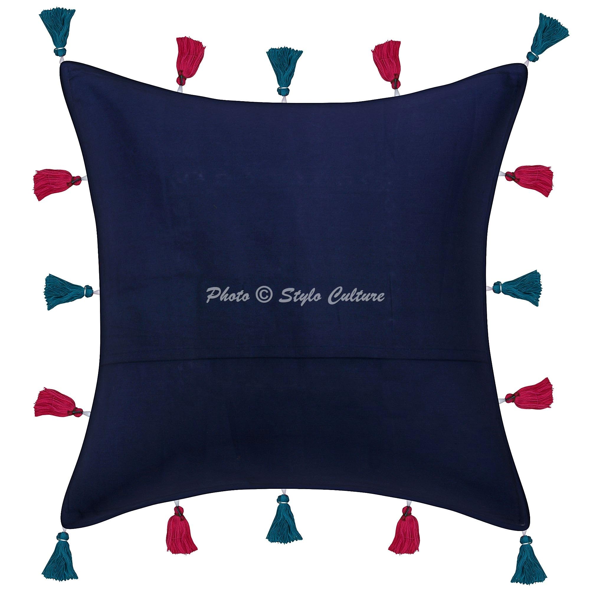 Ethnisch Dekorativ Baumwolle Couch Kissenbezüge 40x40 cm Dunkelblau Dekokissen Gesticktes Patchwork Schlafzimmer Sofa Kissen Bezüge Blumen Quadrat Kissenhullen - 4 STK.