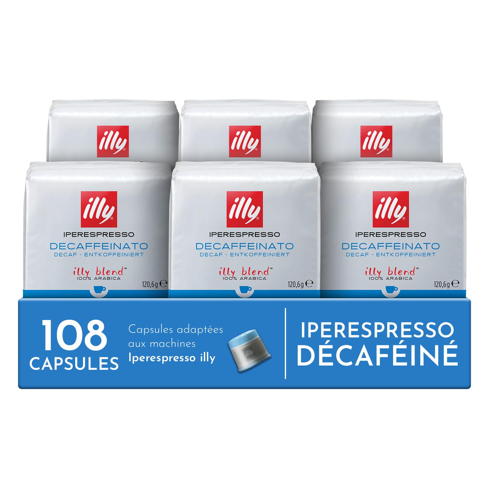 illy, Café en Capsules Iperespresso DÉCAFÉINÉ, 108 Capsules au Total | 100% Arabica avec des Notes de Caramel, Chocolat et Pain Grillé, Saveur Équilibrée, Sans Caféine, 6 Paquets de 18