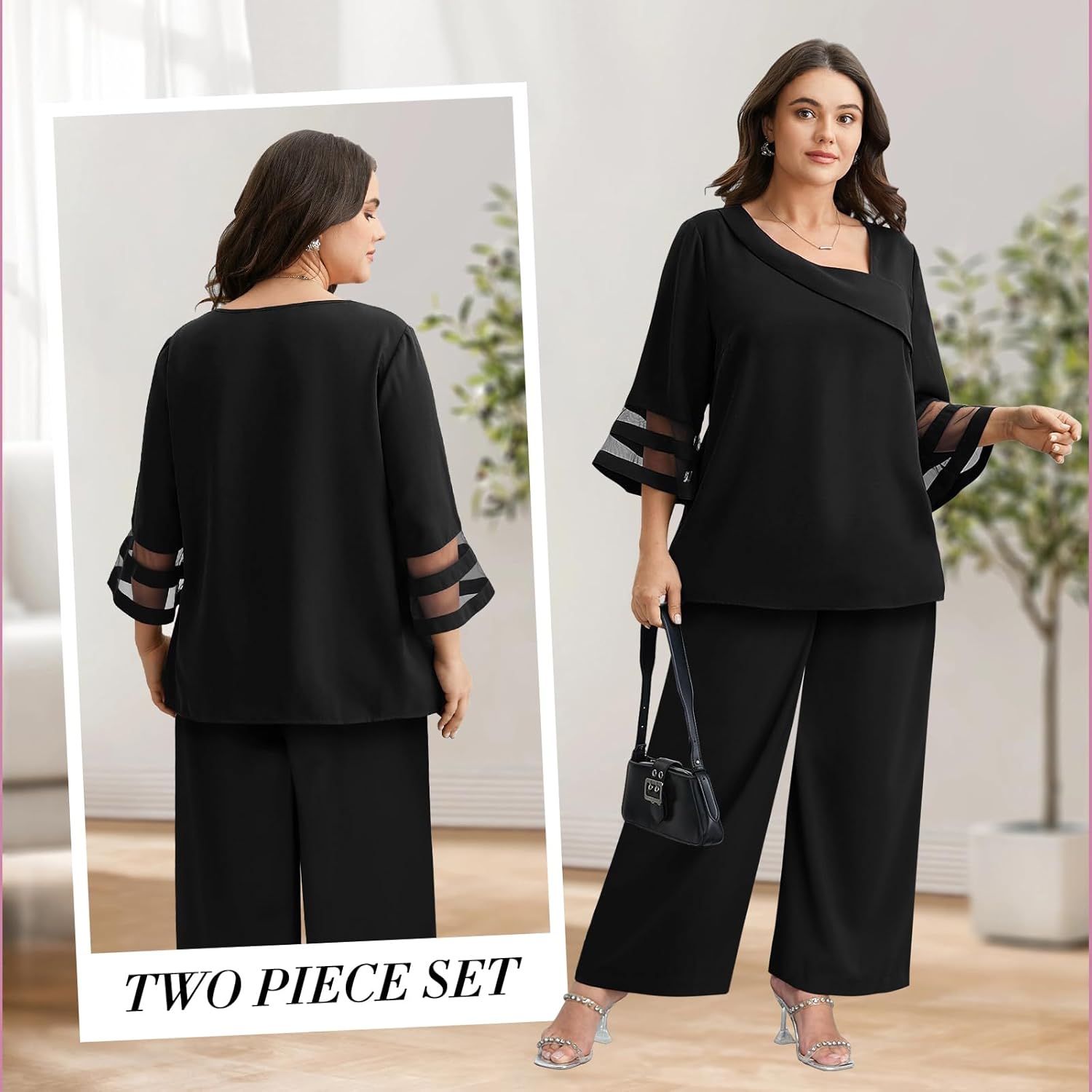 AOVDE Plus Size Pant Suits 2 Piece Casual Dressy Pantsuits Mesh Panel Bell Sleeve Outfits for Women Evening Dinner Party - Image 3