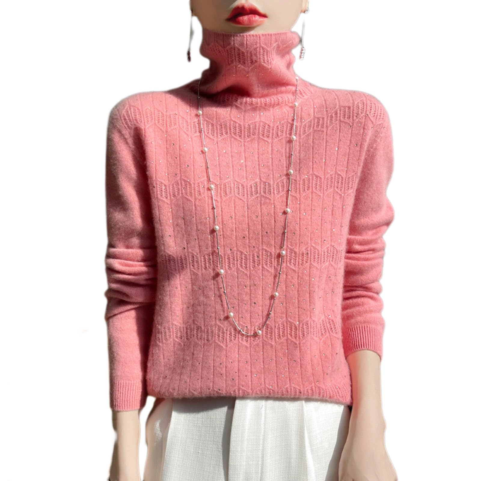 MEECHI 2024 Nuevo Suéter De Lana con Diamantes De Imitación for Mujer Otoño Invierno Cálido Suéter De Cachemira Manga Larga Cuello Alto Jersey De Punto Liso Elegante Jersey De Punto