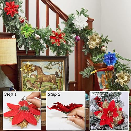 Miniatura 17 de 12 piezas de flores de Pascua artificiales de Navidad con clips y tallos, decoraciones de Navidad con purpurina para adornos de árbol de Navidad